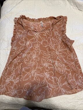 Emerald Rust Floral Sleeveless Ruffle Neck Blouse